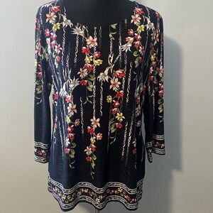 JM Collection Women’s Black Floral Top 3/4 Sleeves Sz L